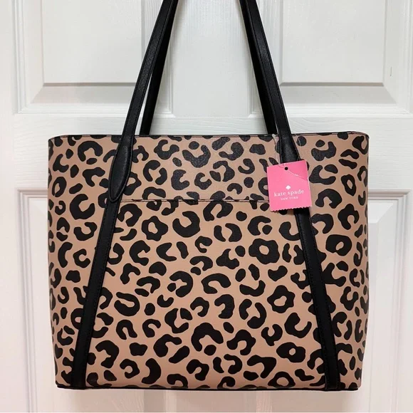 Kate Spade Coated Canvas Leopard Print Black Leather Trim Large Tote NWT - Picture 5 of 13
